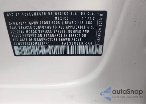 2013 Volkswagen Jetta Se from USA, damaged, VIN 3VWDP7AJ9DM399441